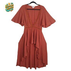 L.I.F.E. Bohemian Maxi Dress Women’s L Rust Brown Flowy Ruffle 🌸